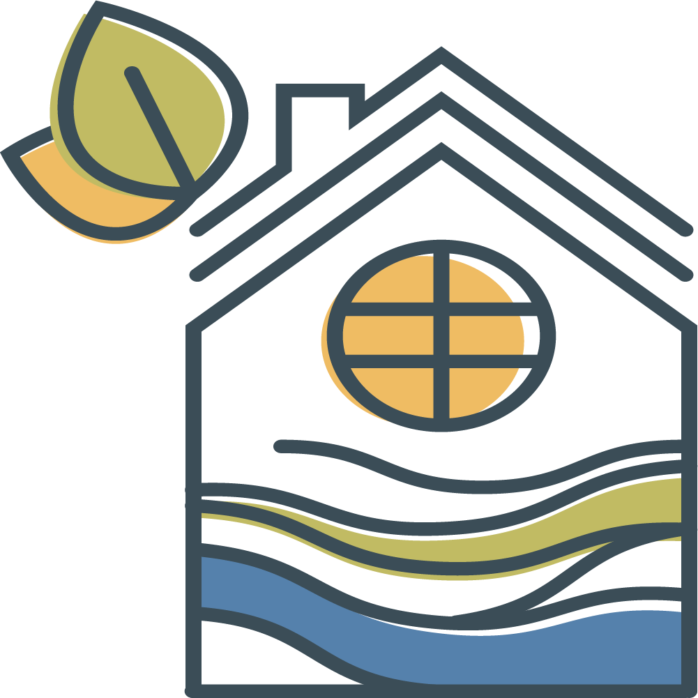 Eco-friendly house icon with leaves; blue, green, and yellow accents.