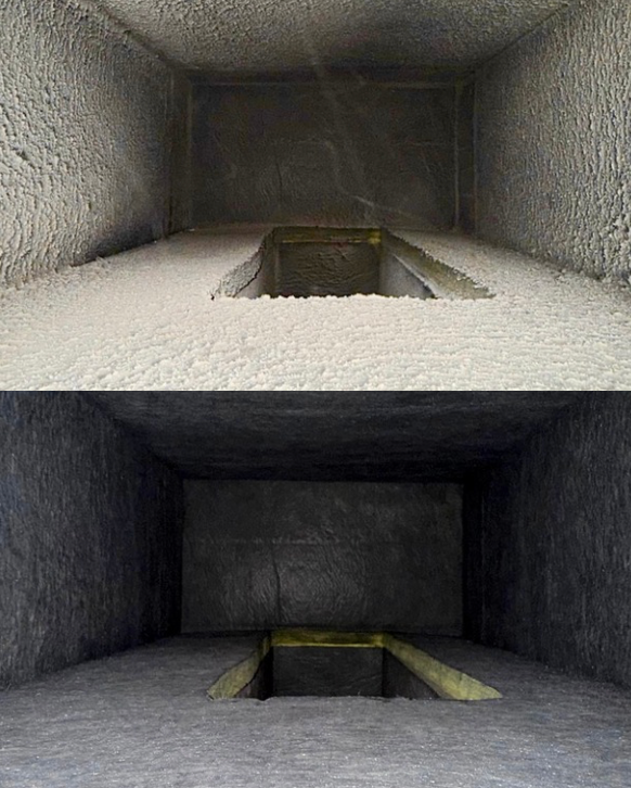 Two images: top showing a dusty, open rectangular shaft; bottom shows the same shaft, cleaned.