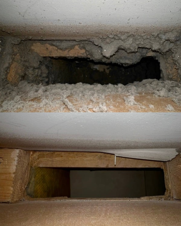 Open air vent in a wall with deteriorated edges above and intact vent below.