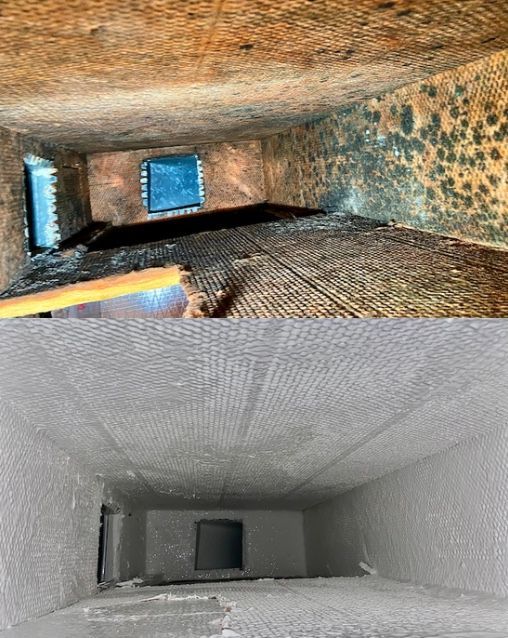Top: Dirty HVAC ductwork with debris and mold. Bottom: Clean HVAC ductwork.
