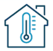 House silhouette with thermometer inside. Blue lines on white background.