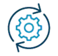 Blue gear within a blue circle with arrows, indicating a process or update.