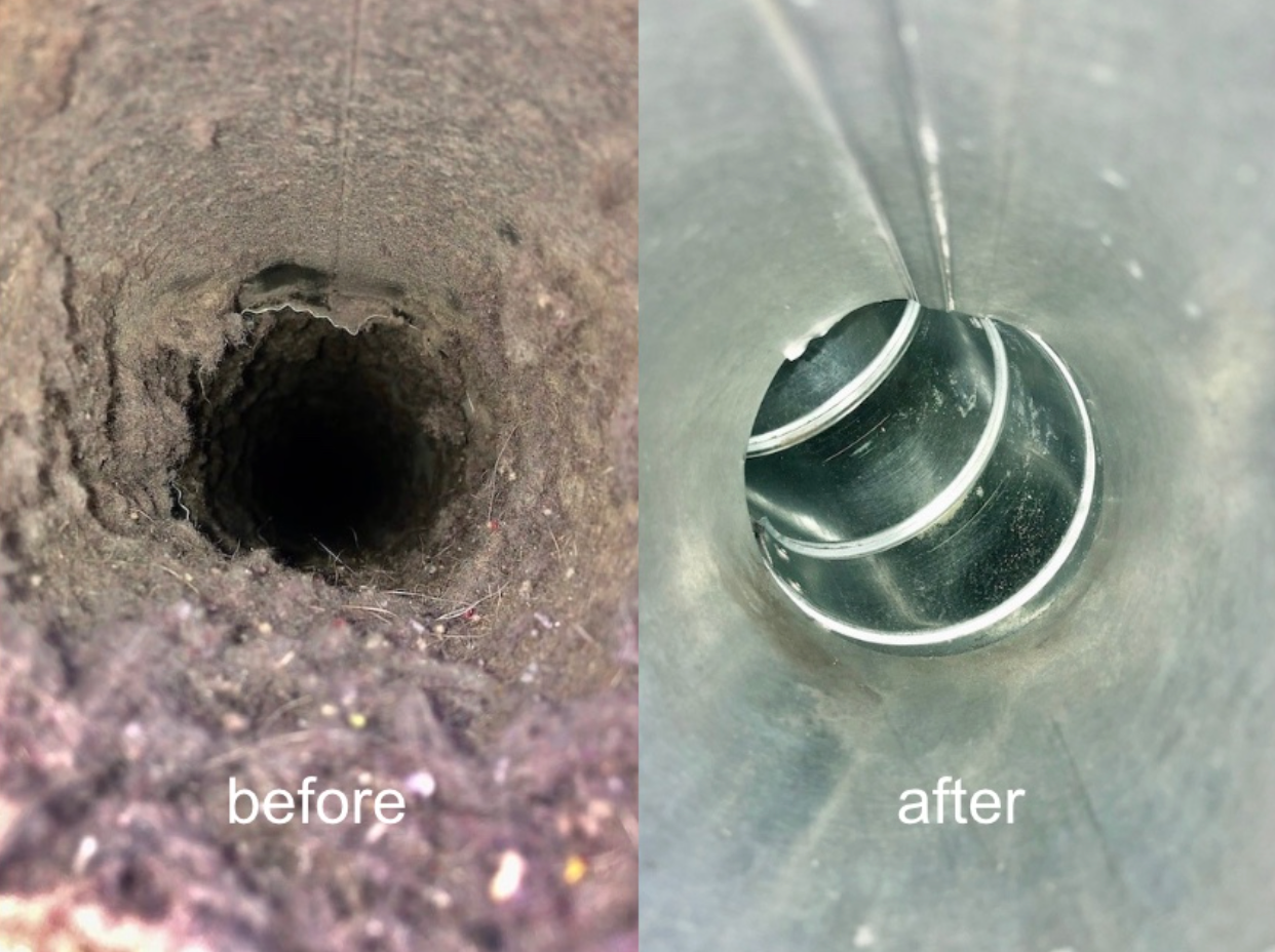 Before and after photos of an air duct, showing thick dust buildup before cleaning and clean metal after.