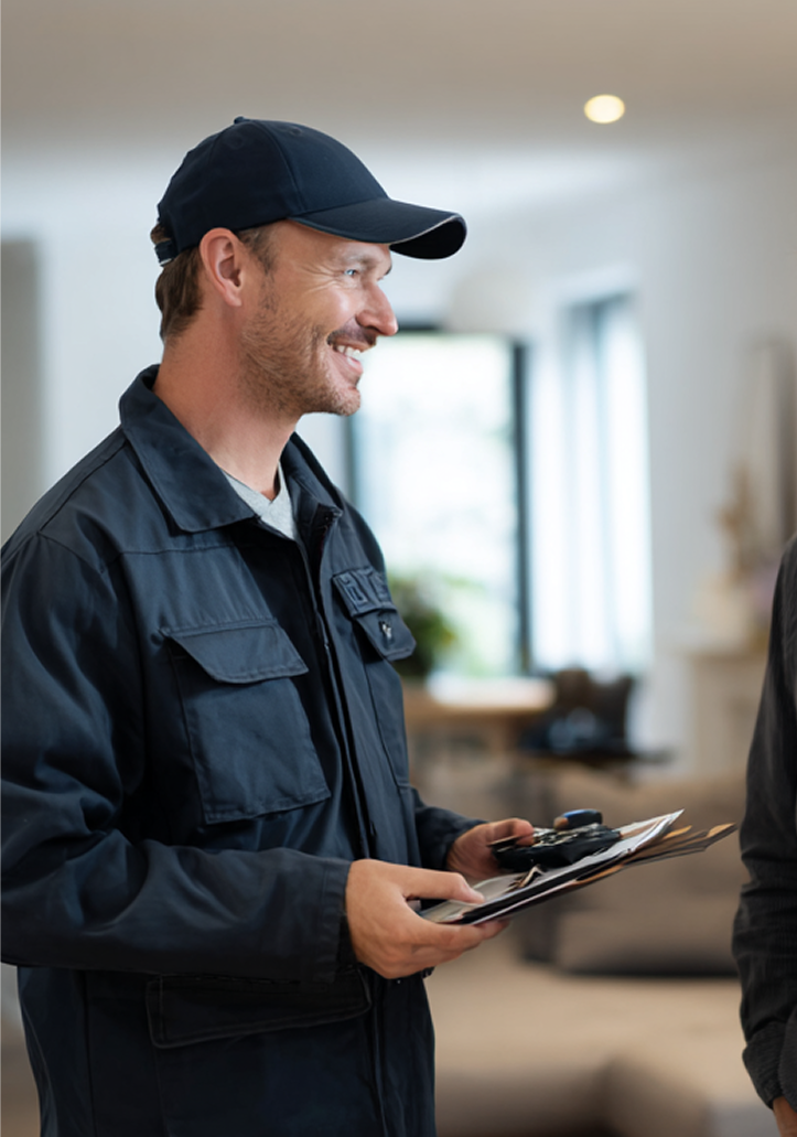 Man in blue uniform smiles, holding a clipboard and pen indoors.