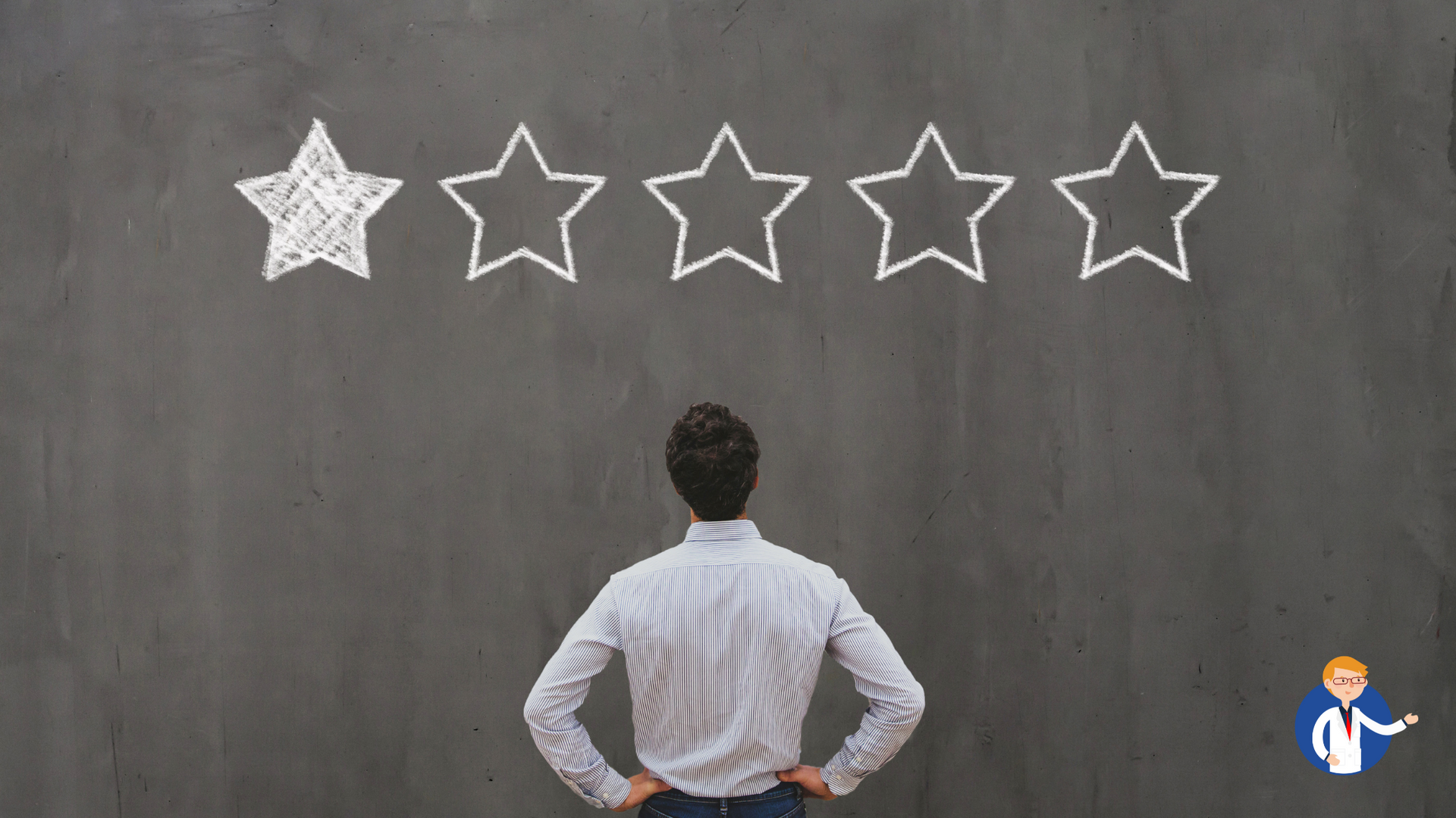 A man is standing in front of a blackboard with five stars drawn on it.