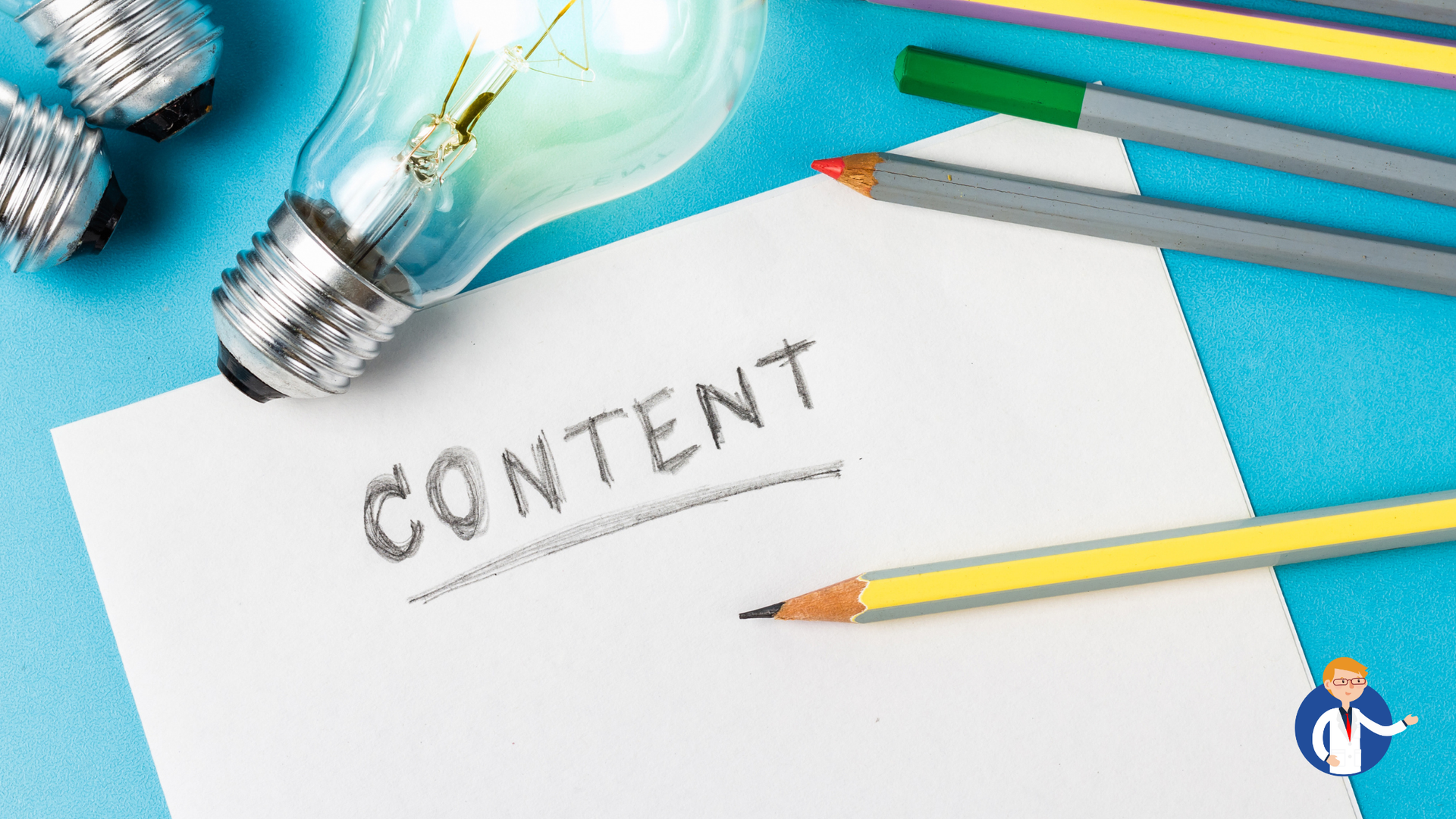 A light bulb is sitting on top of a piece of paper with the word content written on it.