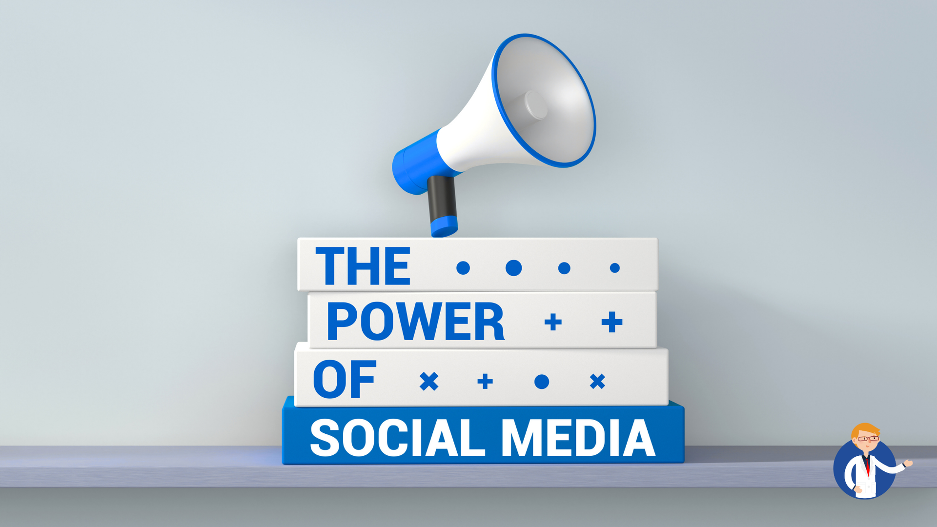 A megaphone is sitting on top of a stack of books titled the power of social media.