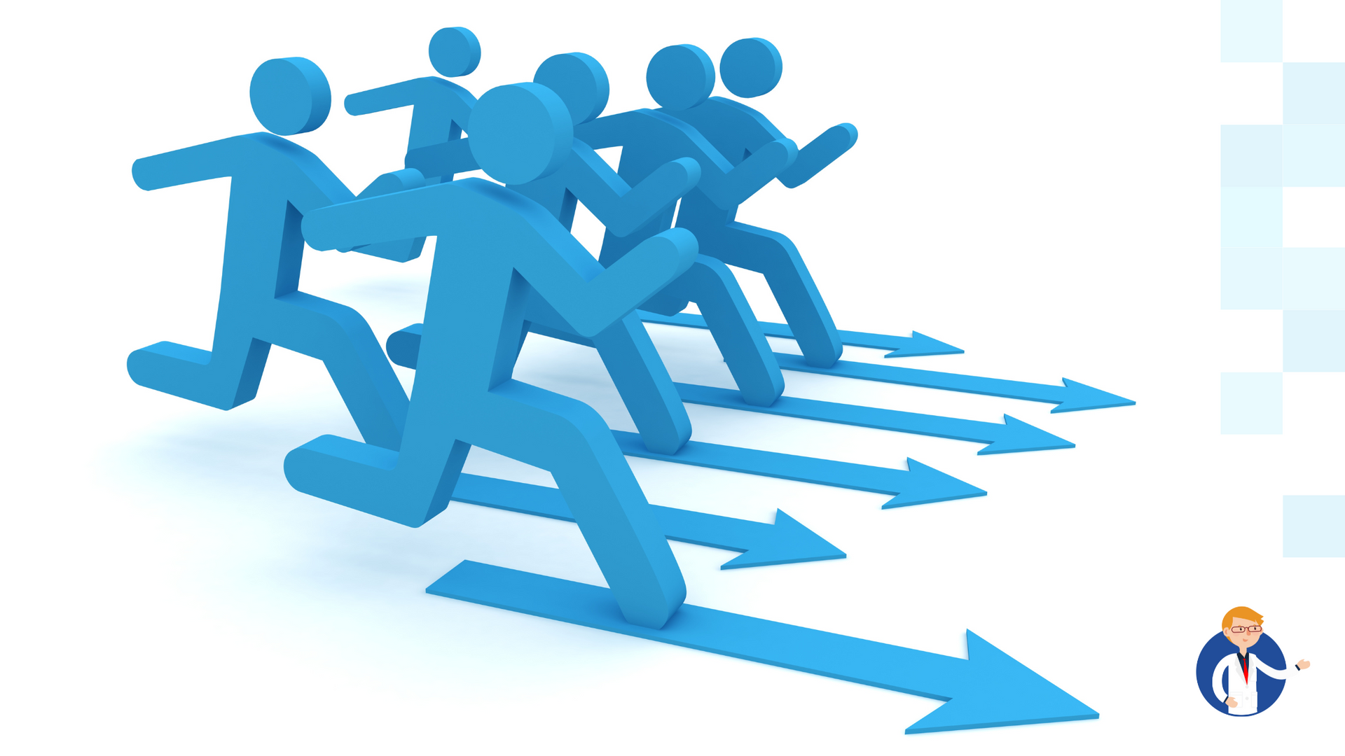 A group of people are running on blue arrows.