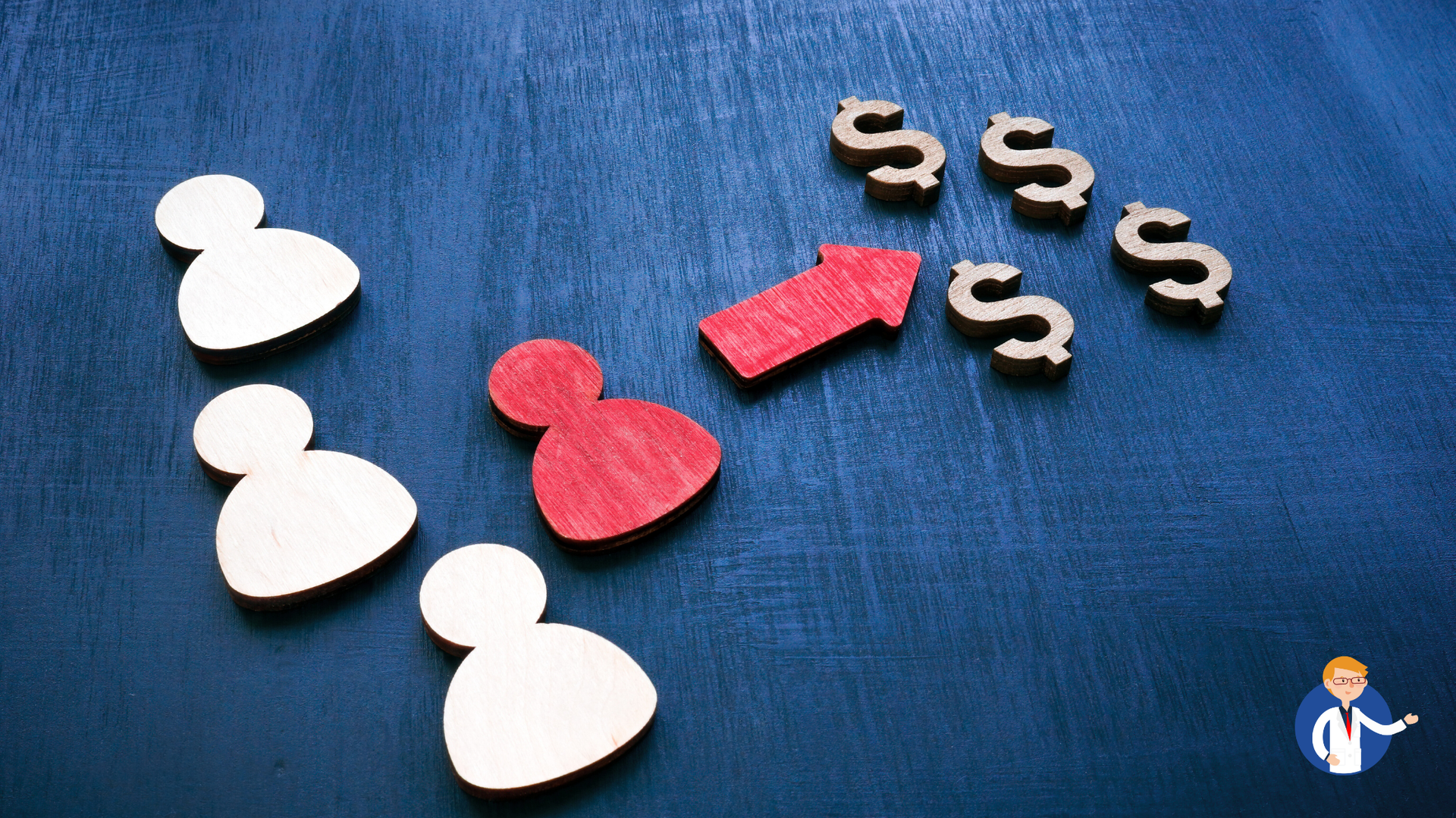 A group of people are surrounded by wooden letters and a red arrow.