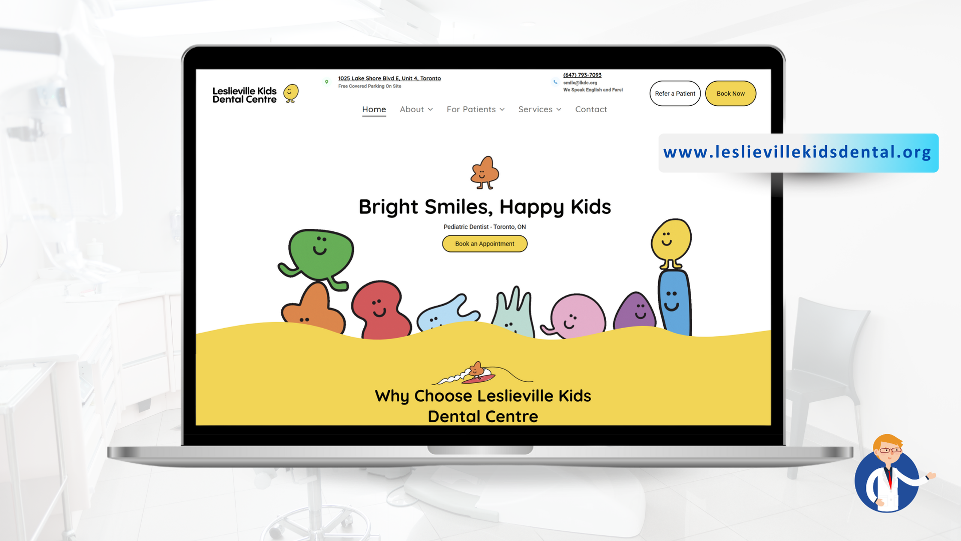 A laptop computer is open to a website that says `` bright smiles , happy kids ''.