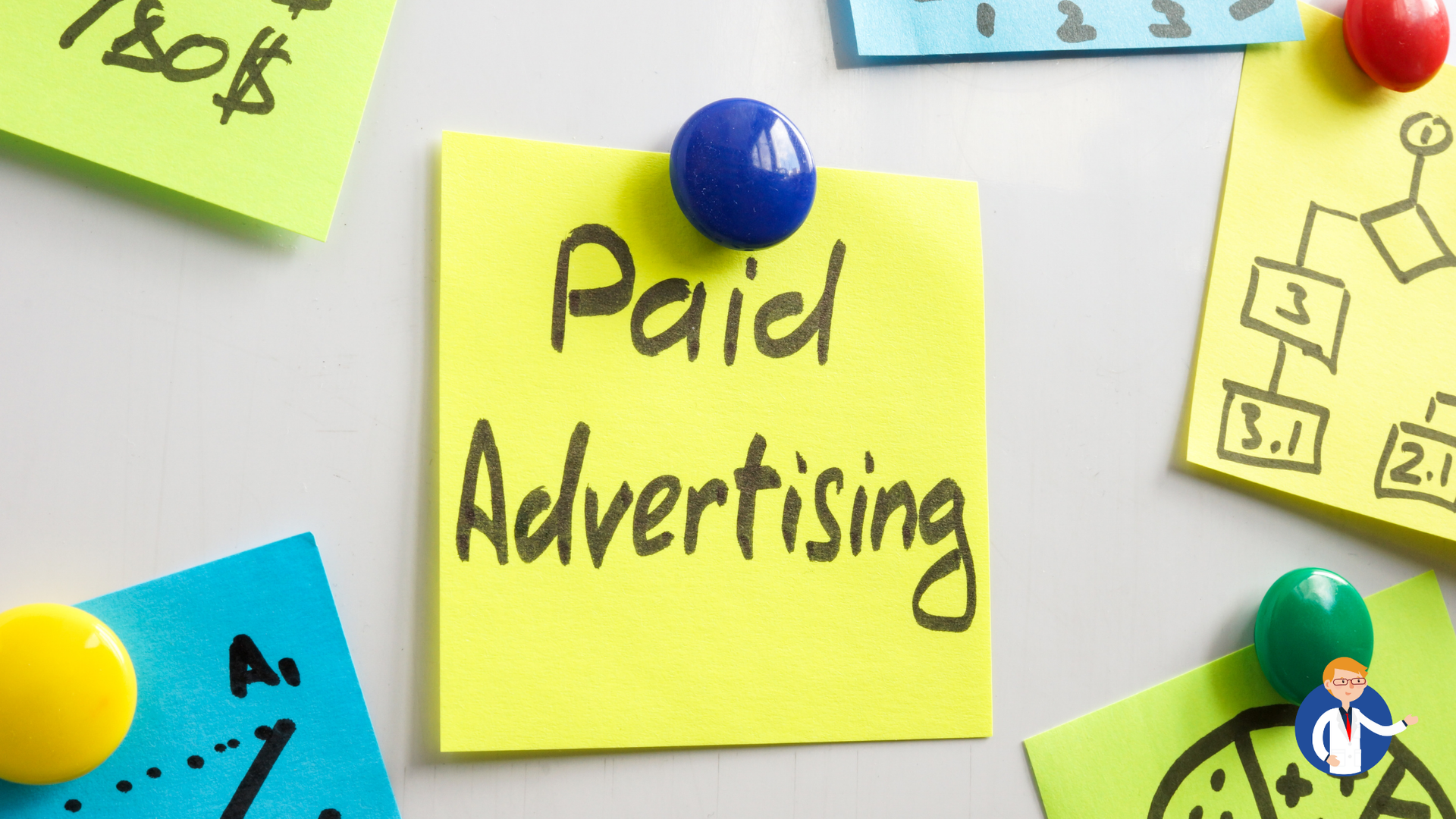 A yellow sticky note that says paid advertising on it