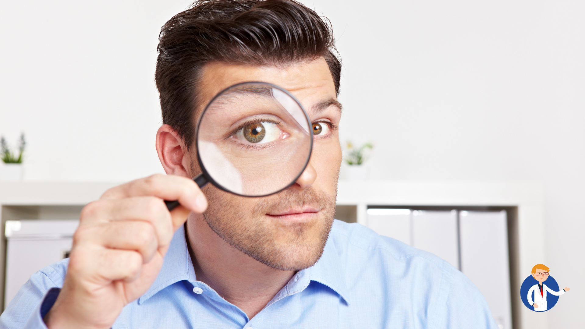 A man is looking through a magnifying glass at something.