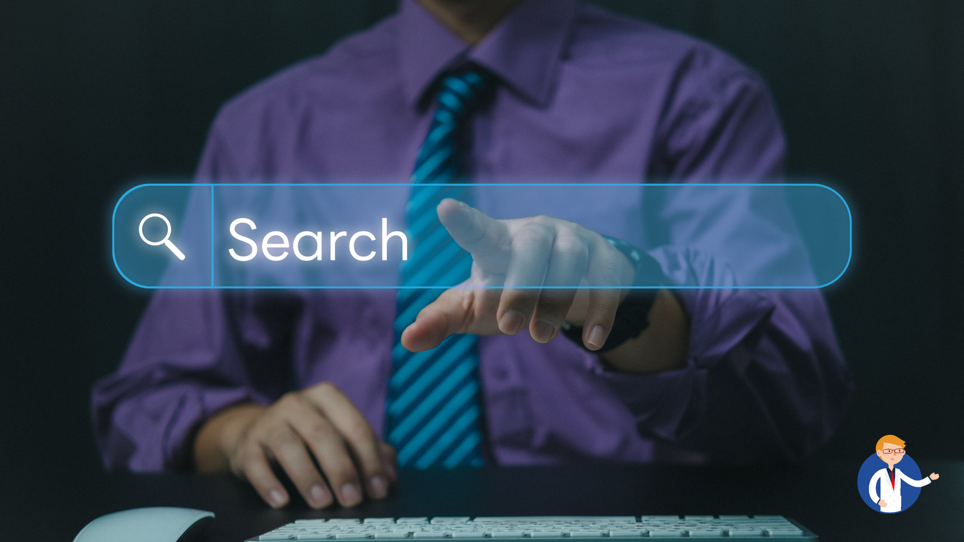 Person pointing to a digital search bar on a dark background.