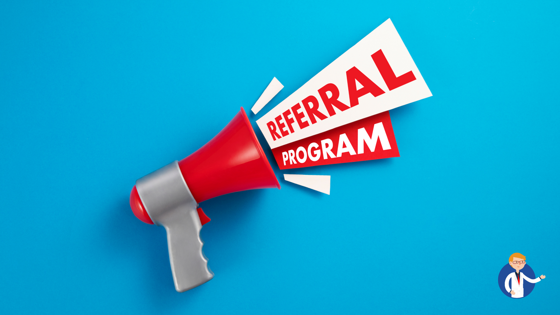 A red megaphone with the words `` referral program '' coming out of it on a blue background.