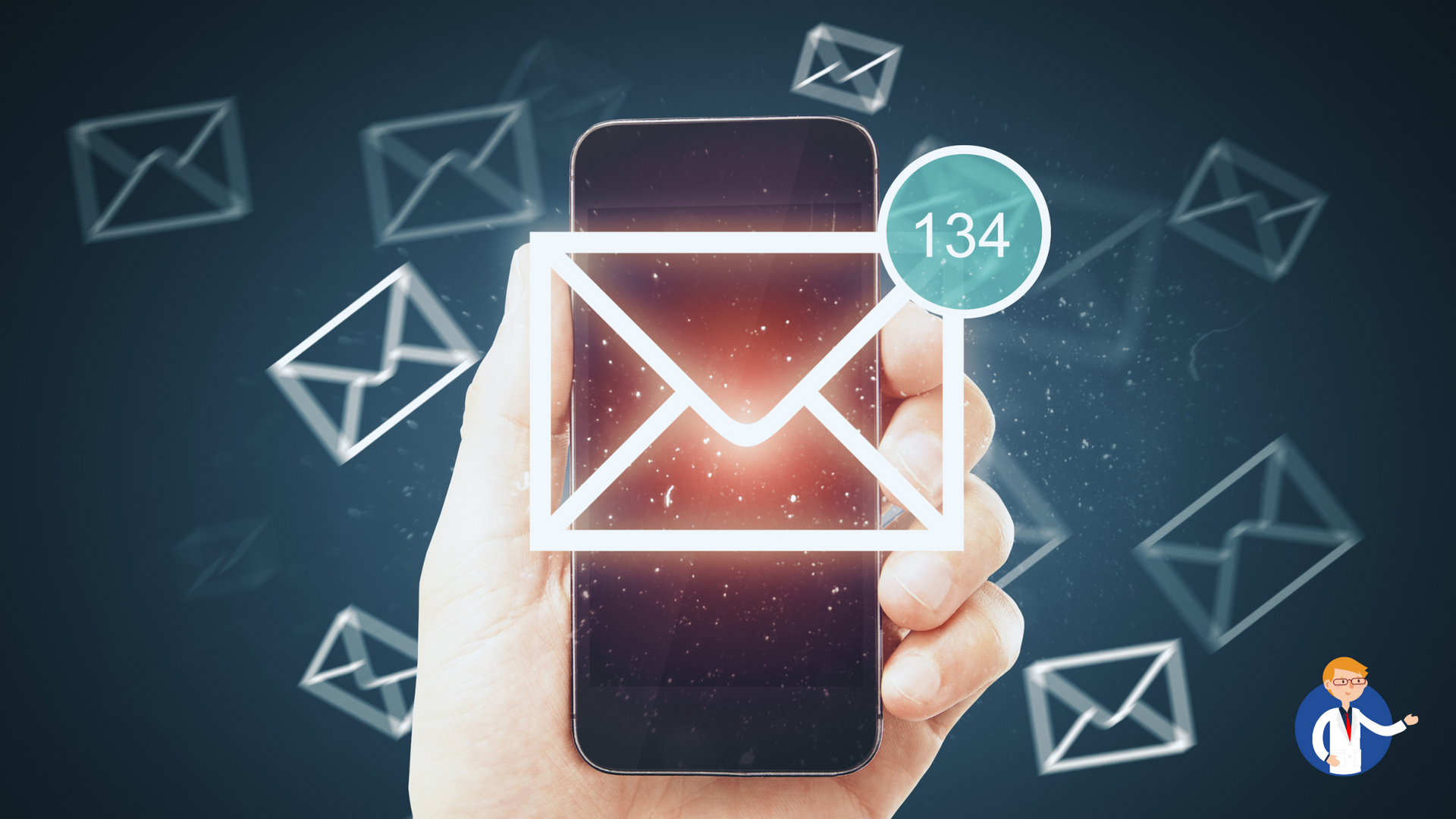 Hand holding a smartphone with a glowing email icon and unread notifications.