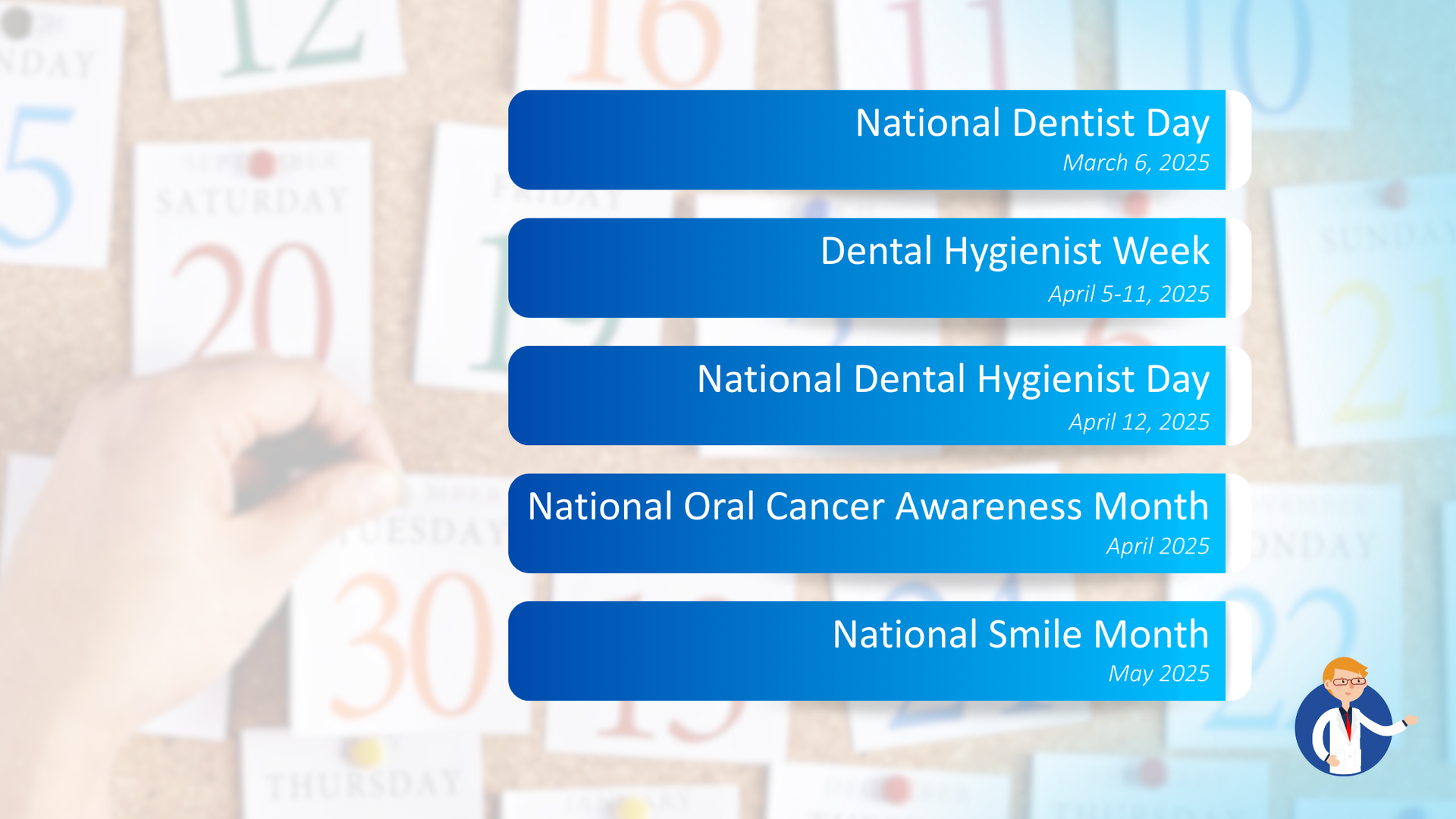 A bunch of calendars with one that says national smile month