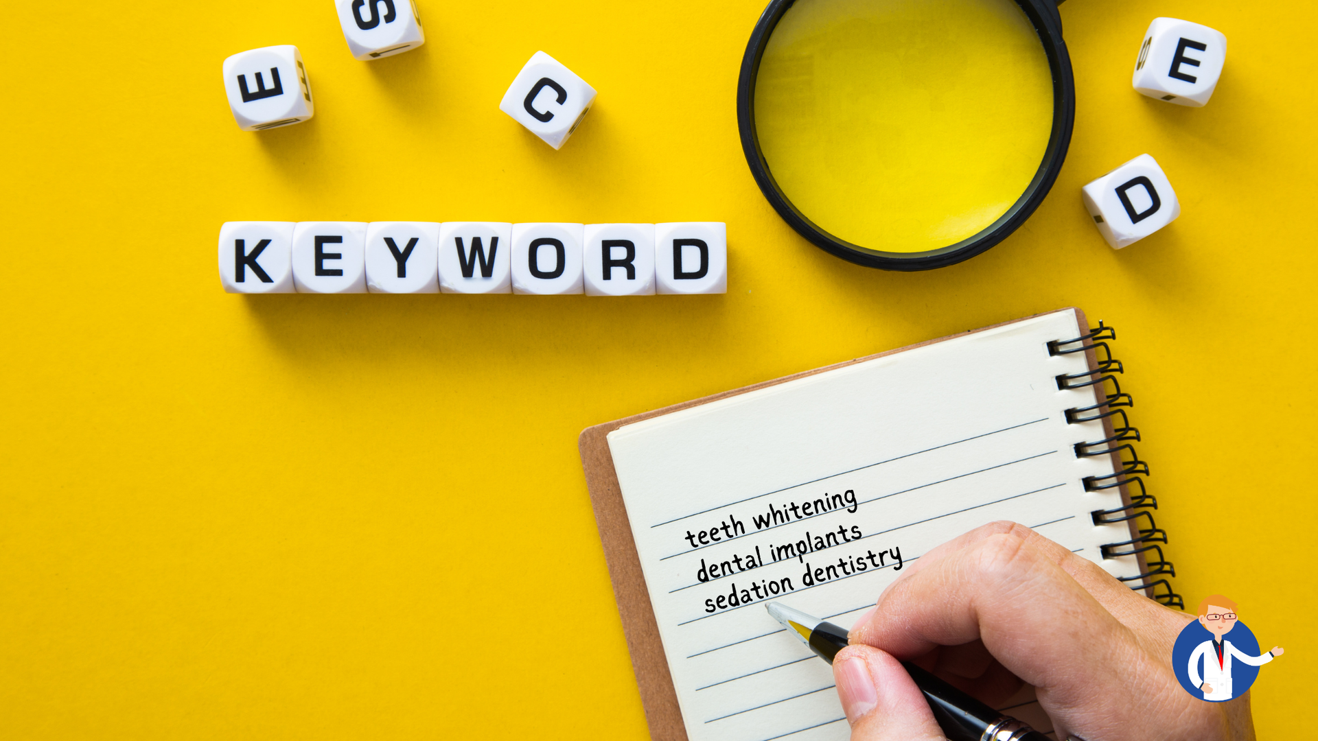 Hand writing a list of keywords in a notebook, with a magnifying glass and letter blocks spelling KEYWORD on a yellow background.