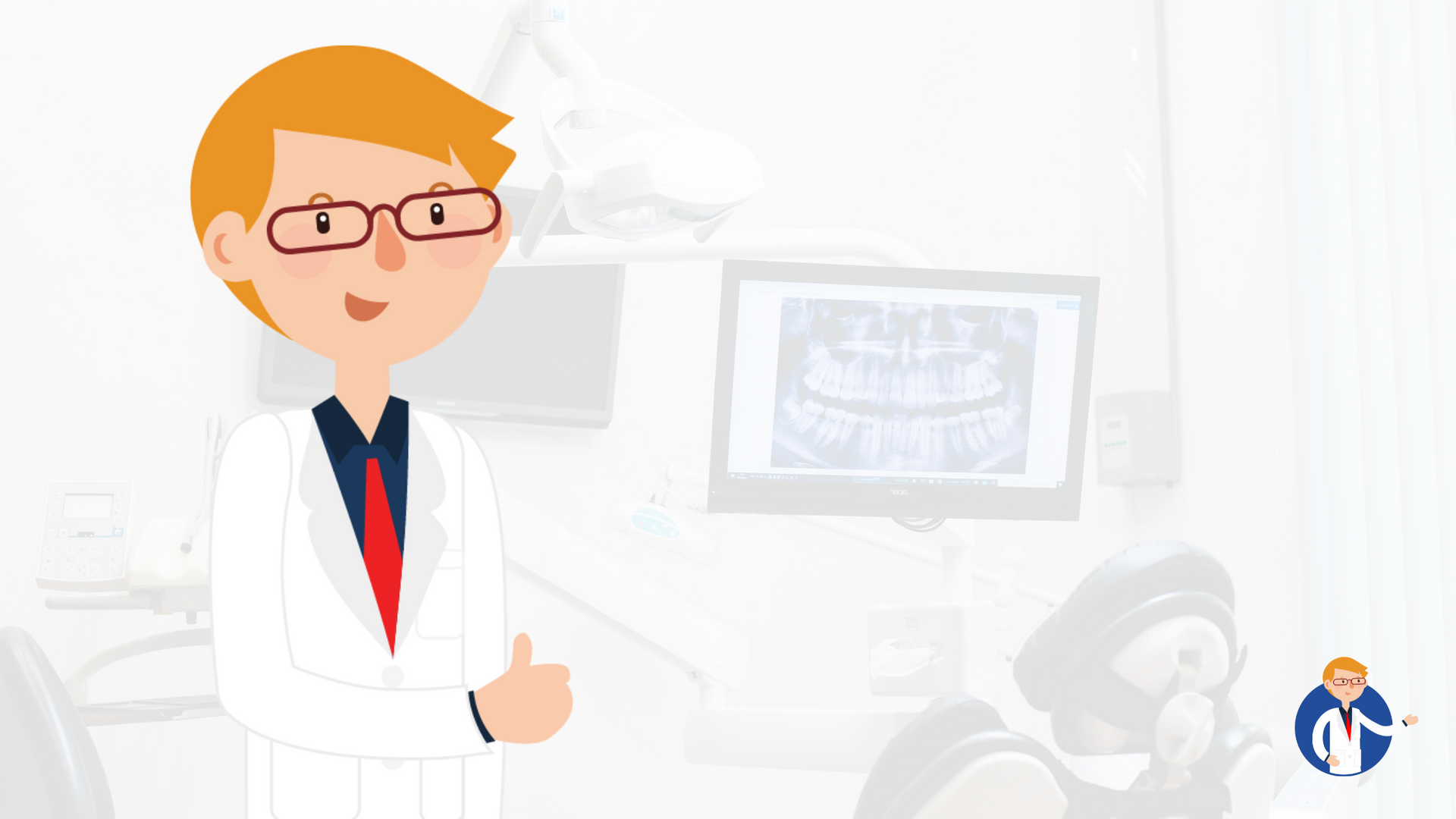 A smiling dentist with glasses gives a thumbs up in a dental office, a panoramic X-ray is in the background.