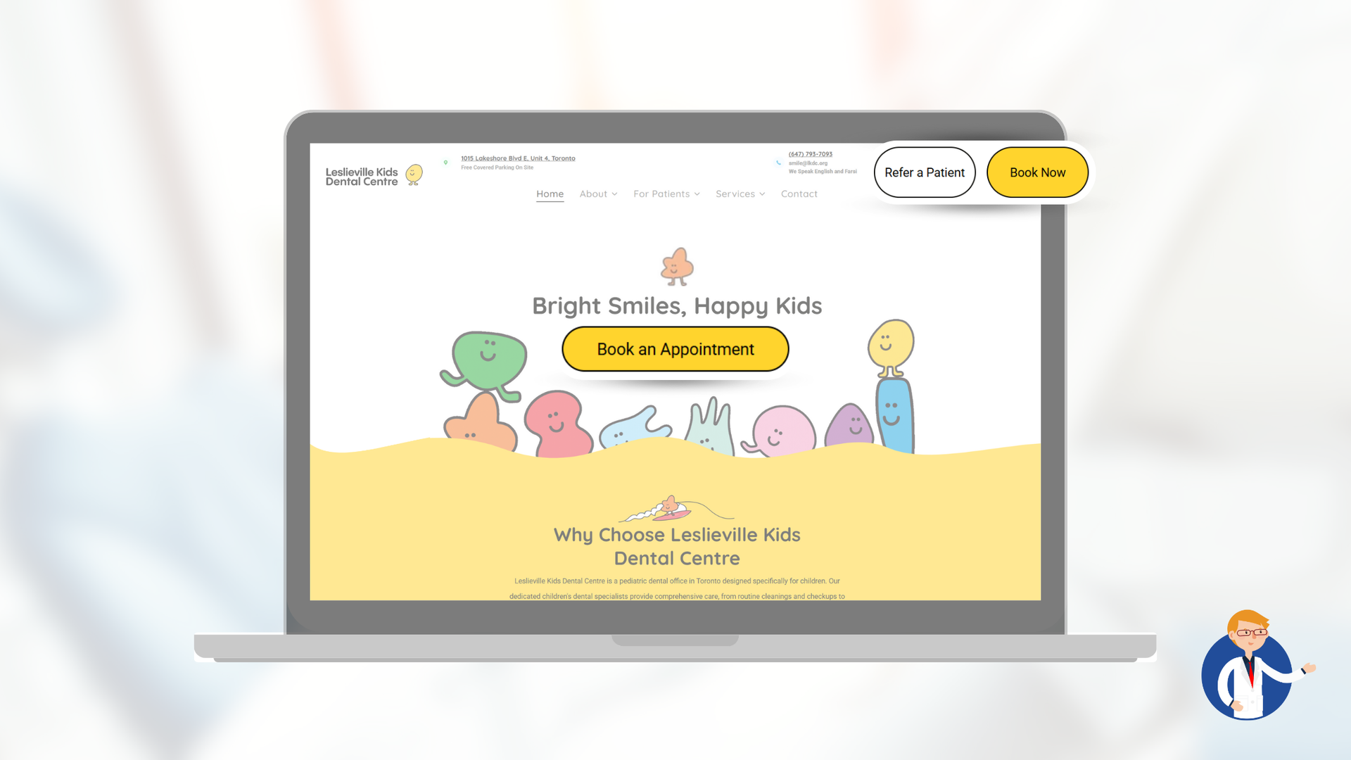 Laptop showing website with animated characters and the text