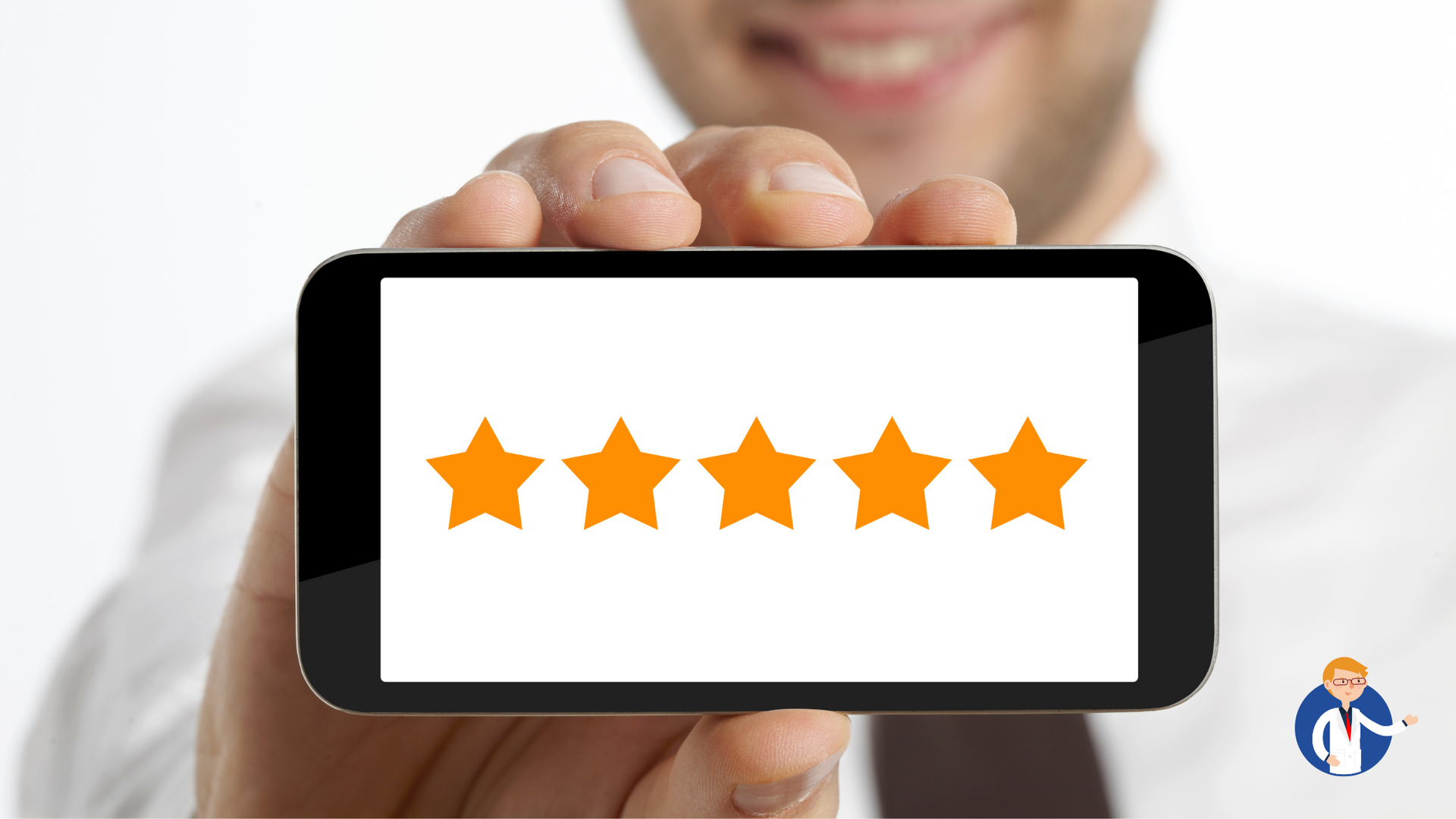 Man holding a smartphone displaying five orange stars, smiling, indicating a 5-star review.