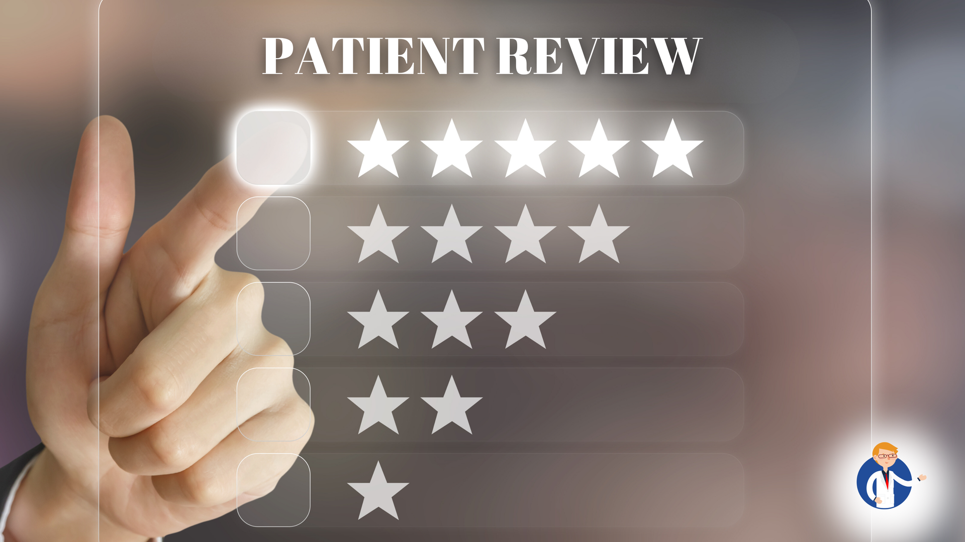 A person is pressing a button on a screen that says patient review.