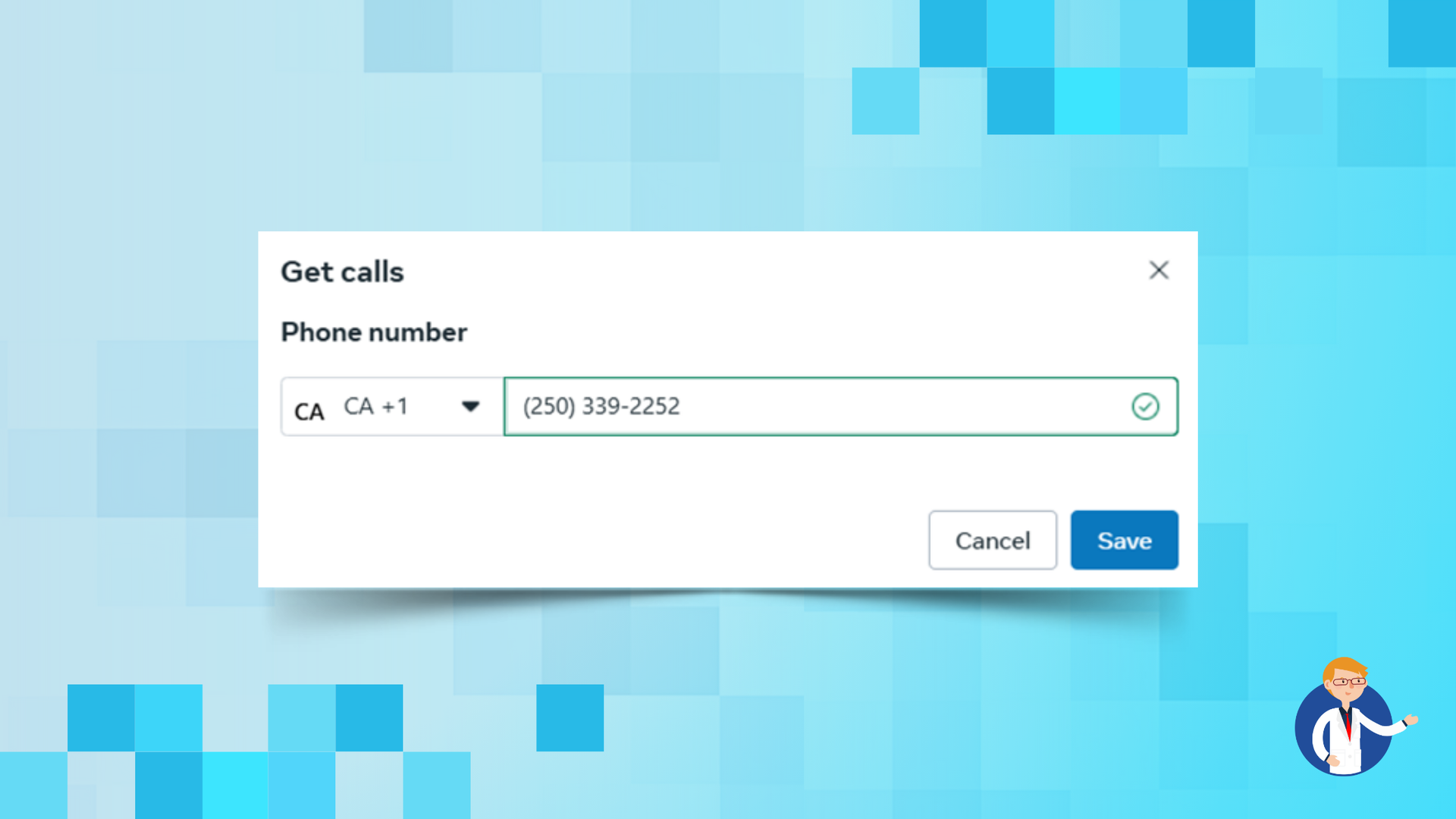 A computer screen shows a get call window with a blue background.