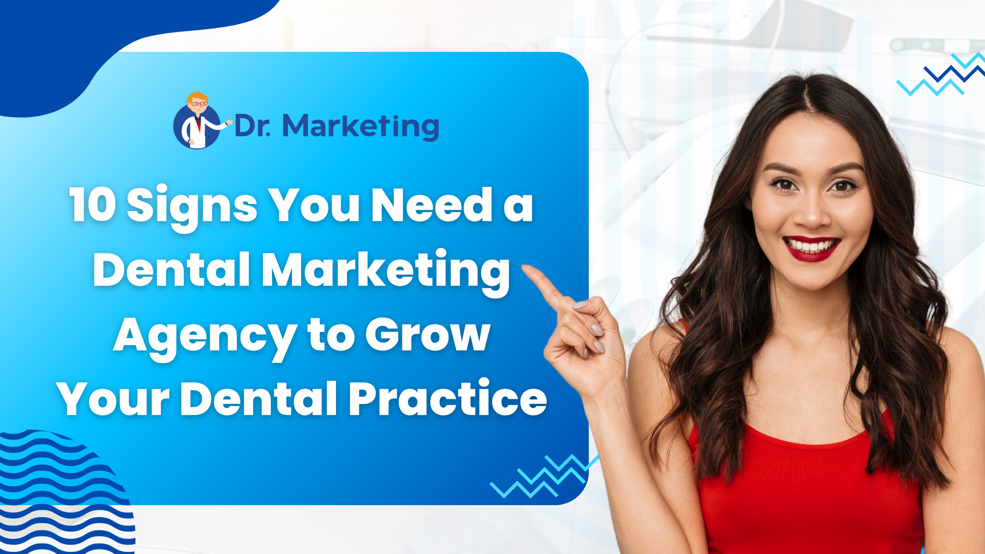 A woman is pointing at a dental marketing agency to grow her dental practice.