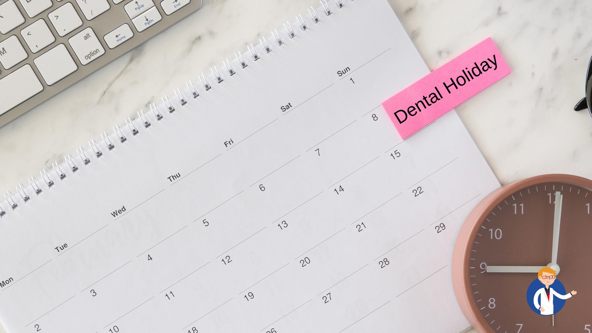 A calendar with a sticky note on it that says dental holiday.