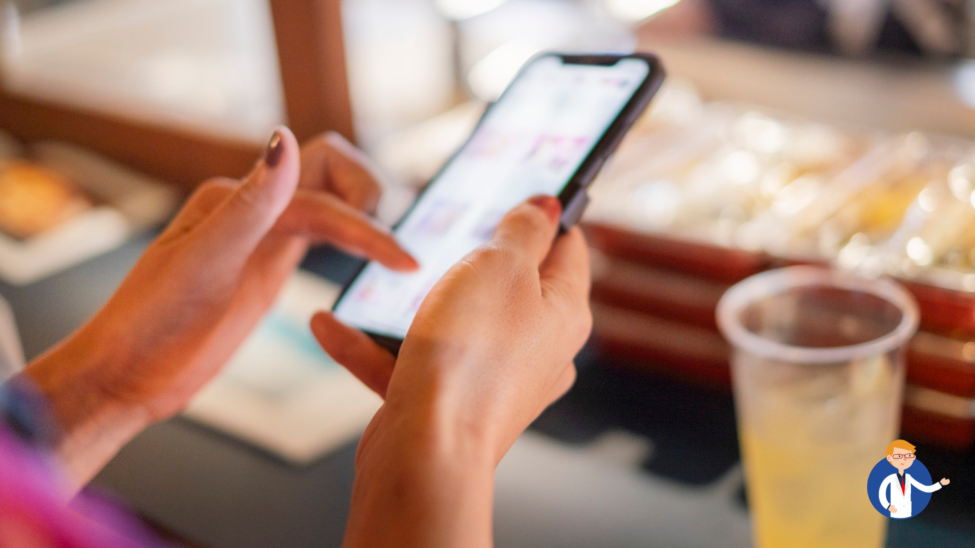 Person using a smartphone, tapping the screen with their fingers, with a blurred background.