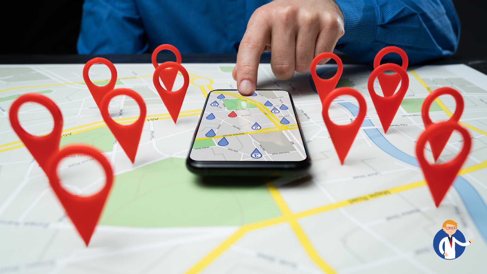 A person is using a cell phone to find a location on a map.