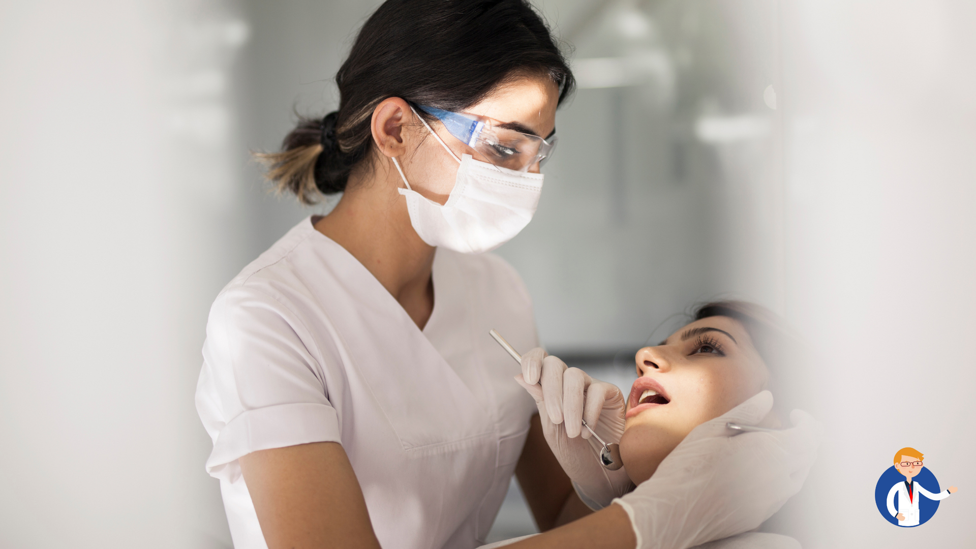 A female dentist is examining a woman 's teeth in a dental office.