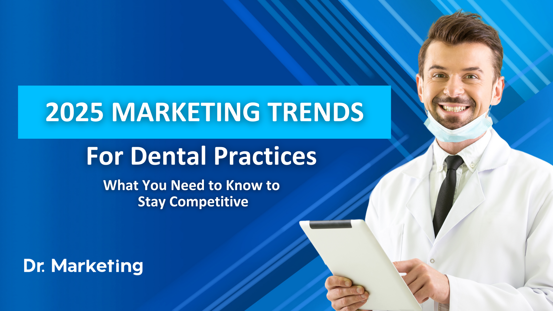 A dentist is holding a clipboard in front of a blue background.