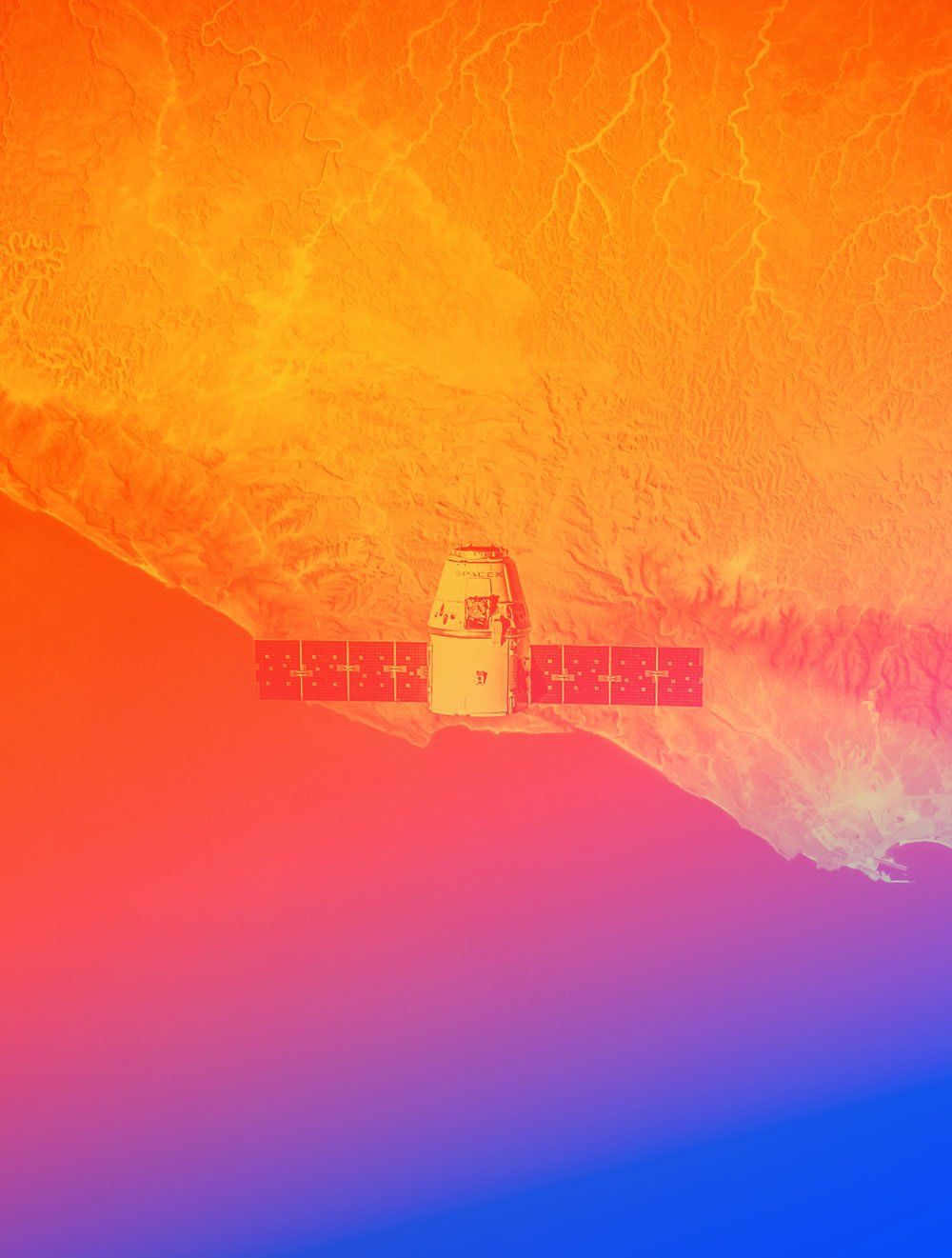 Spacecraft in Earth orbit, set against gradient orange-to-blue background, representing the planet's atmosphere.