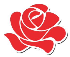 Stylized red rose graphic with white outlines on a solid background.