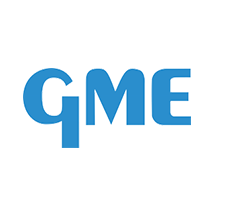 Un logo GME blu su sfondo bianco