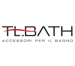 Logo TLBATH in nero e rosso con lo slogan “accessori per il bagno” sotto