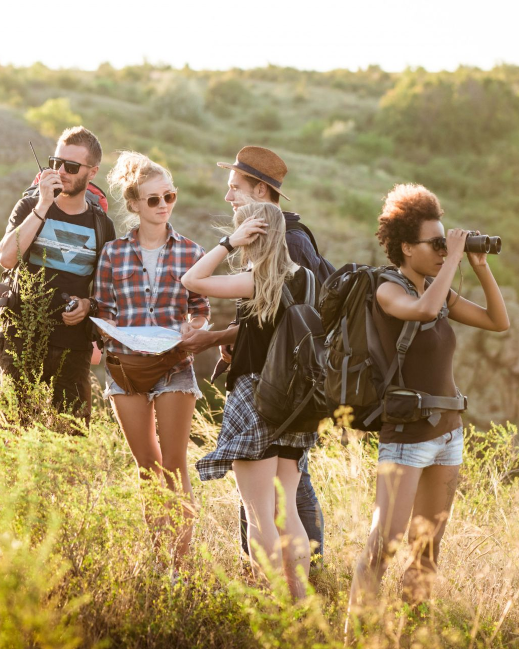 Four friends hiking and using binoculars in a sunny grassy field