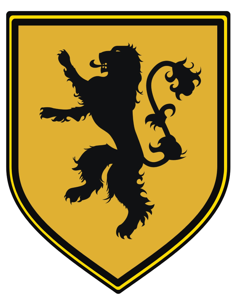Black lion rampant on a gold shield with a black border.