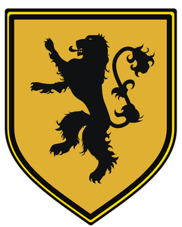 Black lion rampant on a gold shield with a black border.
