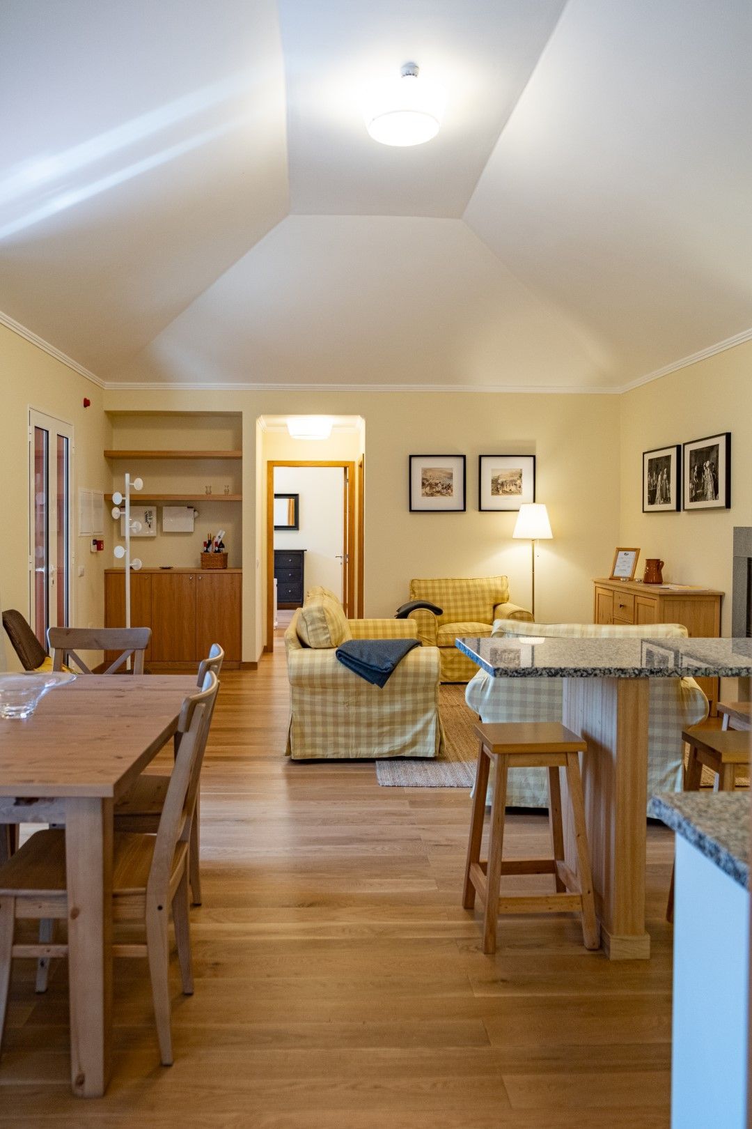 Open-concept living space with wooden floors, yellow walls, a dining table, kitchen island, and a seating area.