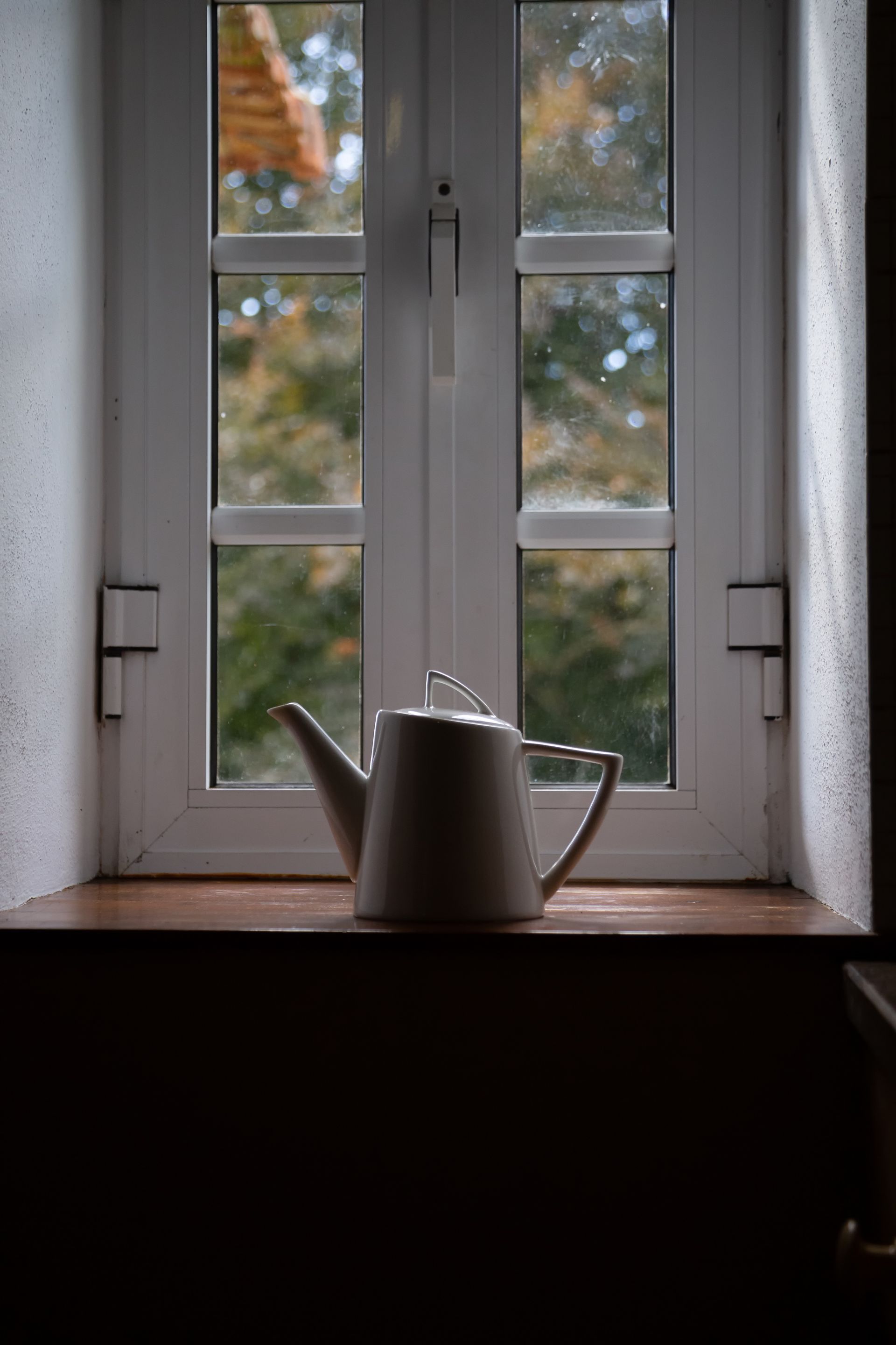 White teapot on a wooden windowsill in front of a white framed window with an outside view.
