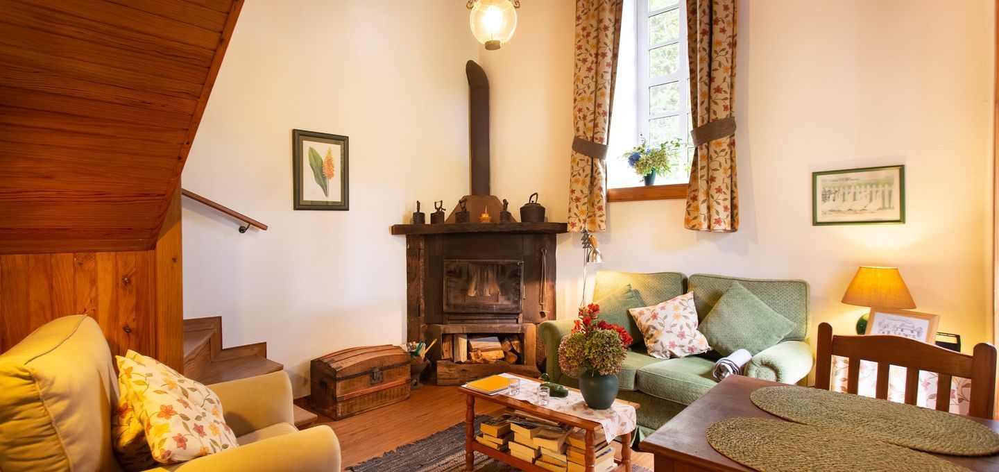 Cozy cabin living room with a fireplace, sofa, and wooden accents.