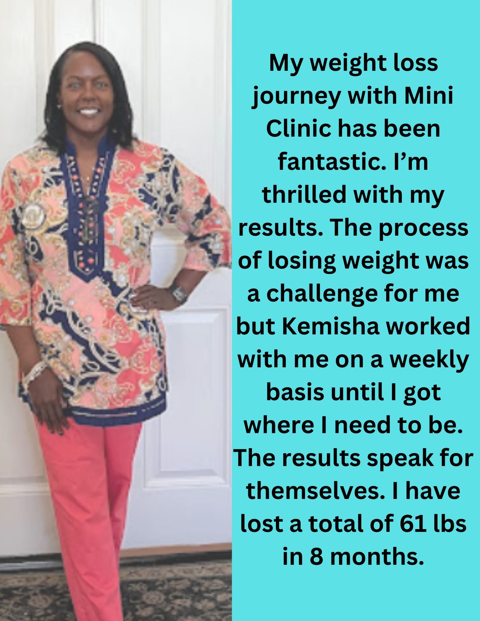 A woman is standing in front of a door with a quote about her weight loss journey