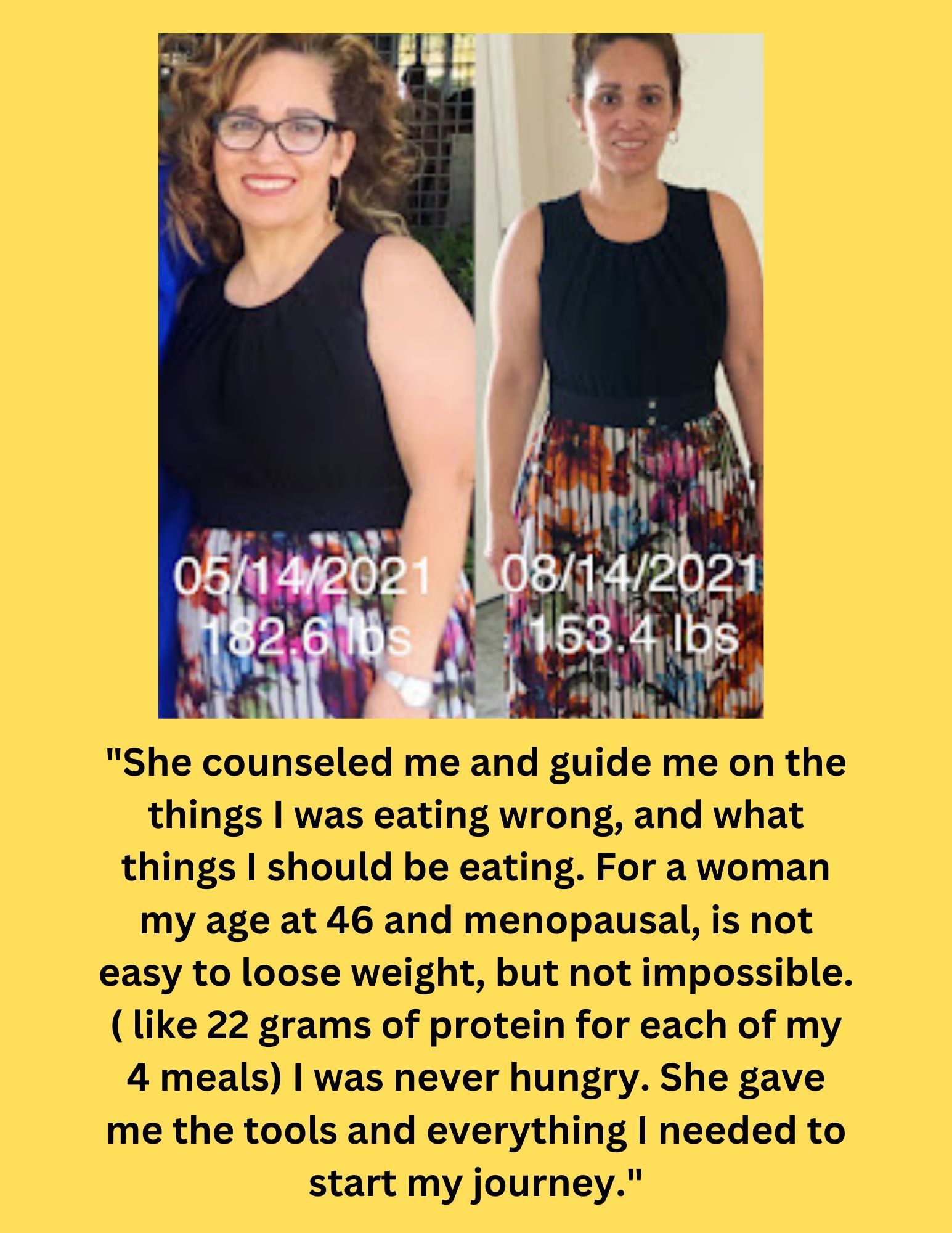 A picture of a woman before and after losing weight.