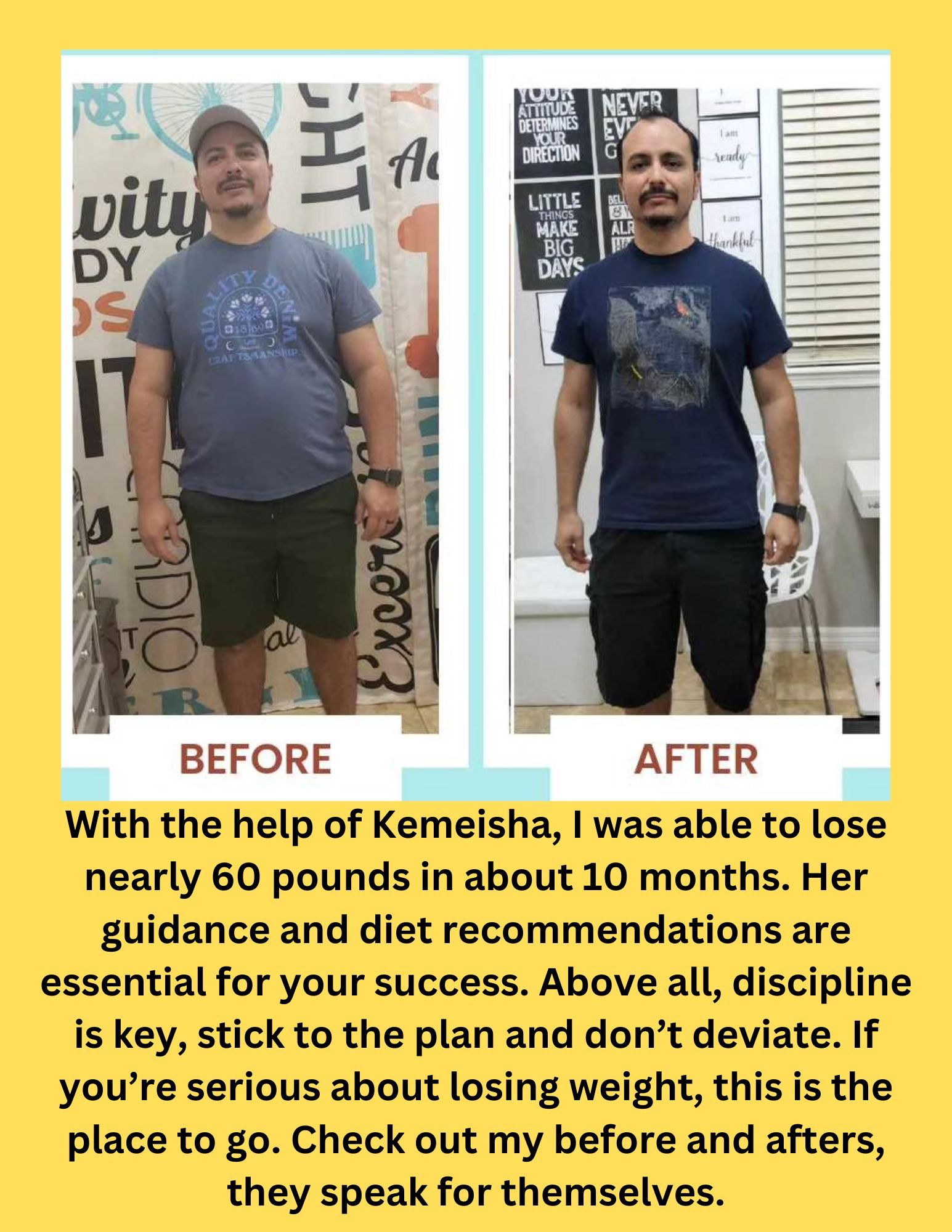 A before and after picture of a man losing weight.