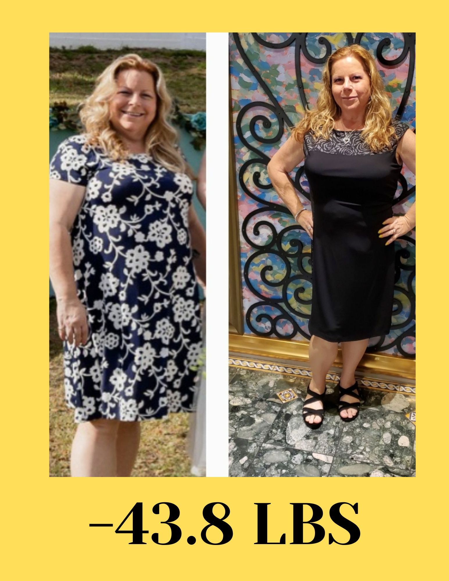 A woman in a floral dress and a woman in a black dress are standing next to each other.