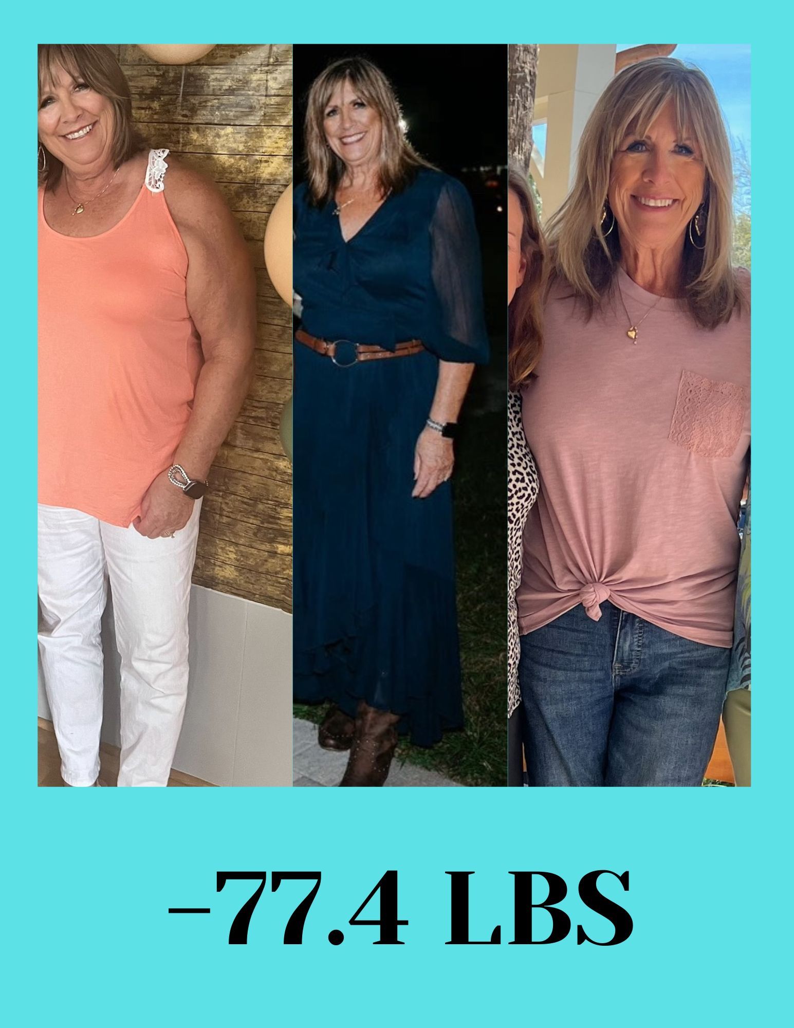 A collage of three pictures of a woman 's weight loss.