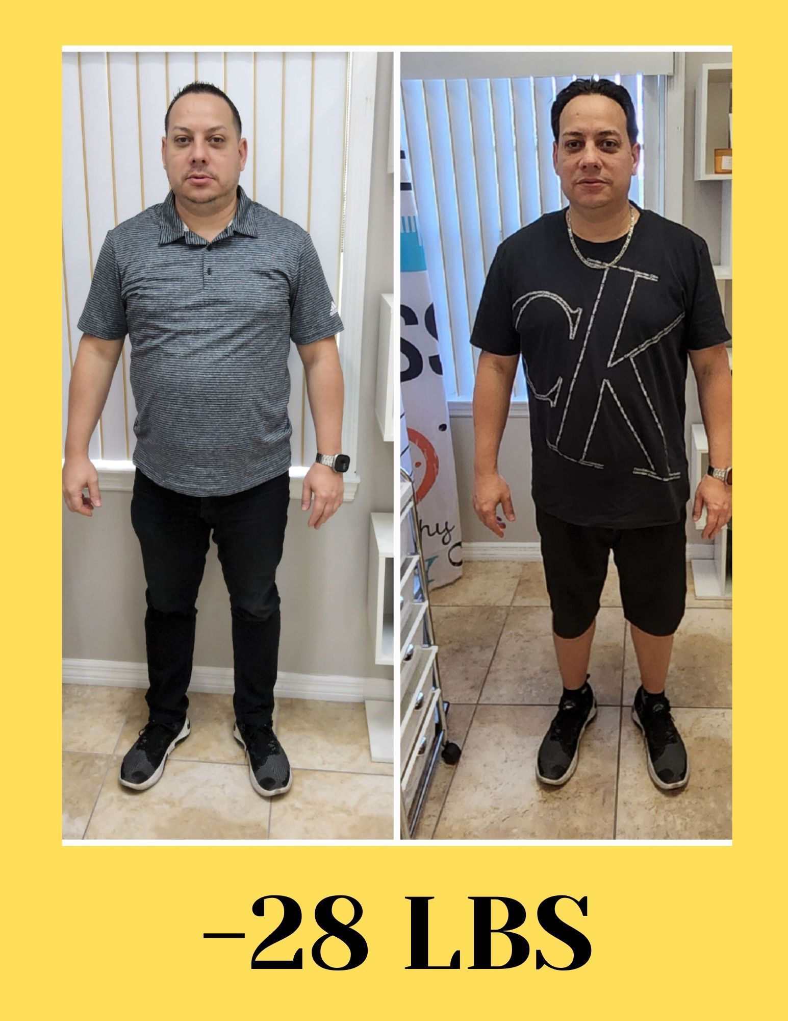 A before and after picture of a man who lost 28 lbs.