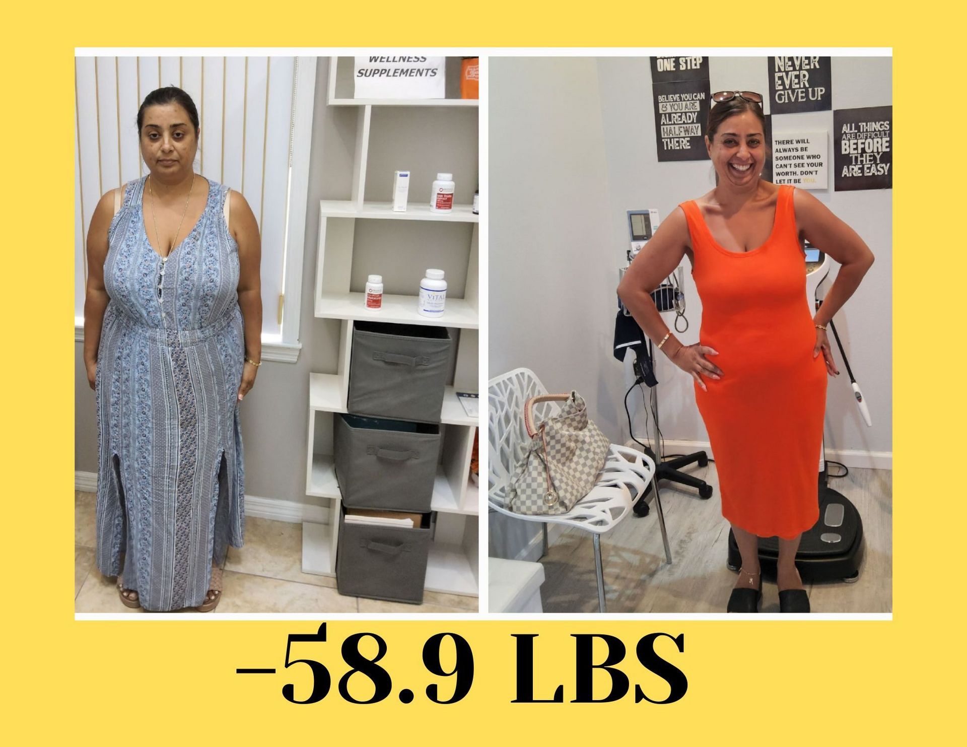 A woman in a blue dress is standing next to a woman in an orange dress.