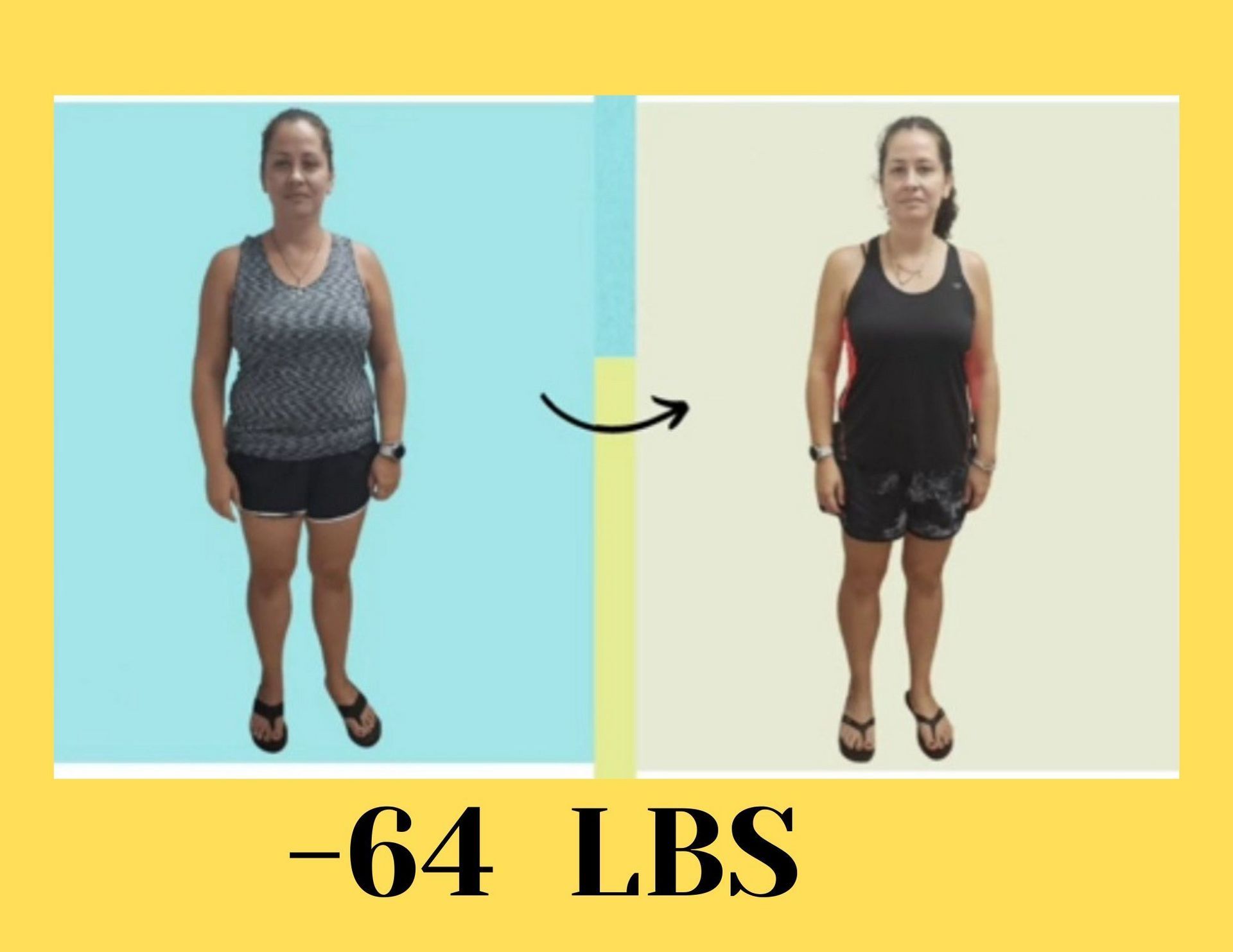 A picture of a woman before and after losing 64 lbs